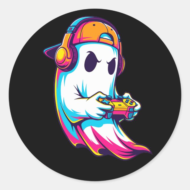 Sticker Rond Cool Halloween Ghost Gamer (Devant)
