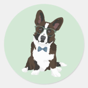Sticker Rond Cool Hipster Cardigan Welsh Corgi pour Amoureux de
