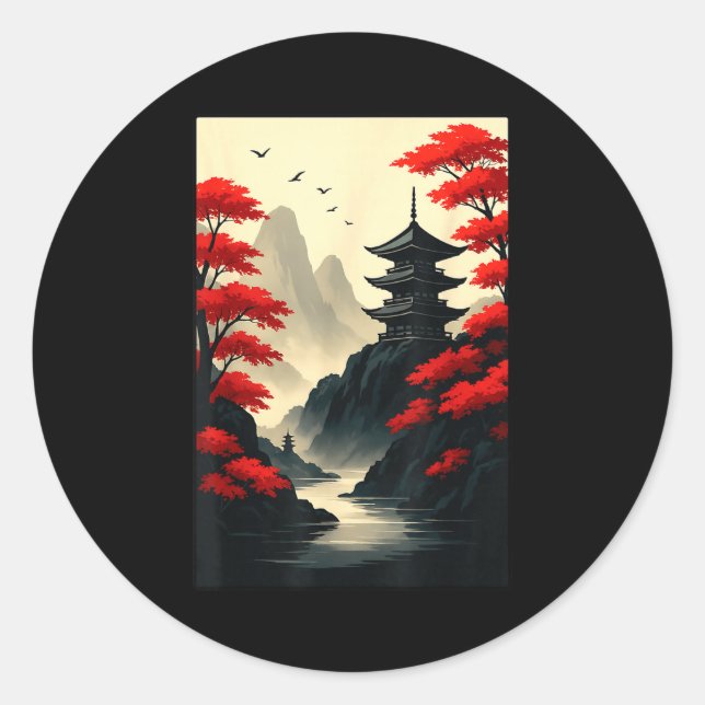 Sticker Rond Cool Japanese Pagoda Castle Mountain Landscape Gra (Devant)