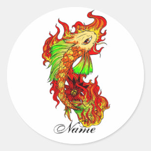 Sticker Rond Cool Japonais Cute Koi Carp Poisson tatouage de fl