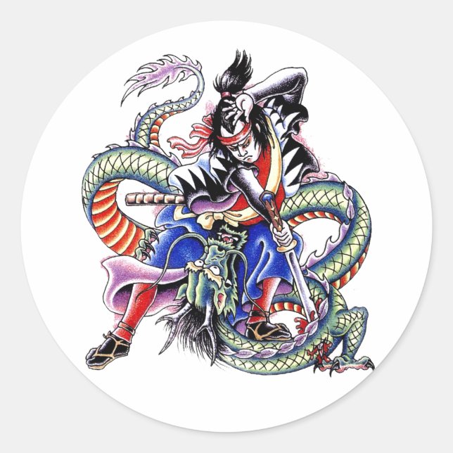 Sticker Rond Cool Japonais Samurai Fight Dragon tatouage (Devant)