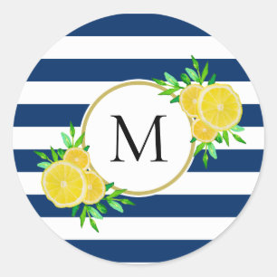 Sticker Rond Cool Marine Bande d'eau jaune citrons Monogramme