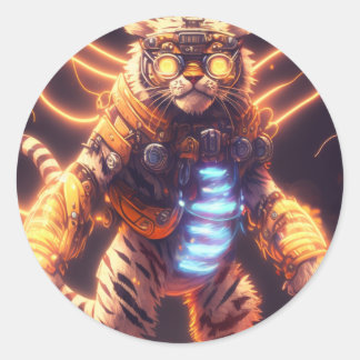 Sticker Rond Cool Mecha Tiger avec Cyborg Steampunk Style