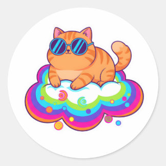 Sticker Rond Cool Orange Cat Wearing Sunglasses on Rainbow Clou
