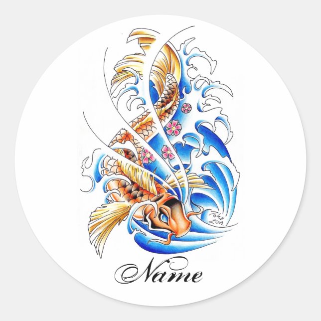 Sticker Rond Cool Oriental Gold Koi Carp Poisson tatouage d'eau (Devant)