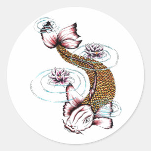 Sticker Rond Cool Oriental Japonais Koi Carp Poisson Pink Lotus