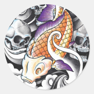 Sticker Rond Cool Oriental Koi Carp tatouage crâne