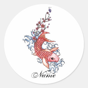 Sticker Rond Cool Oriental Rouge Koi Carp Poisson tatouage fleu
