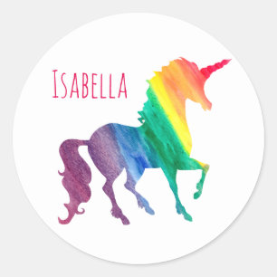Sticker Rond Cool personnalisé Rainbow Unicorn Watercolor Kids