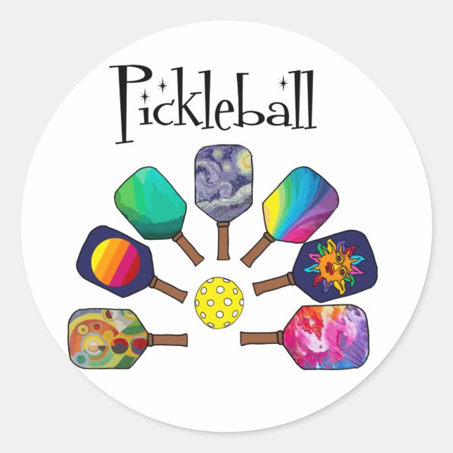 Sticker Rond Cool Pickleball Paddle Sports Rainbow (Devant)