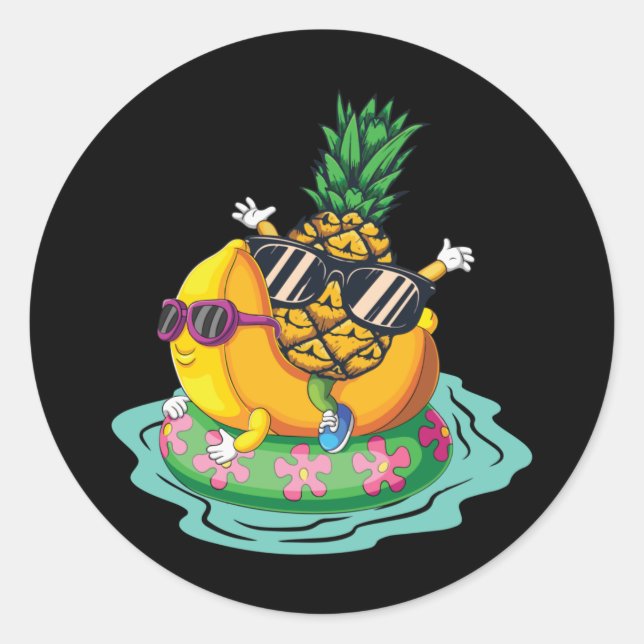 Sticker Rond Cool Pineapple Banana Summer Vacation Relax (Devant)