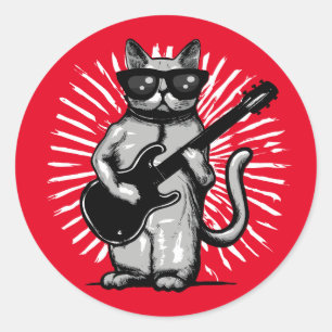 Sticker Rond Cool Rock Et Rouleau Chat Jouer Guitare Électrique
