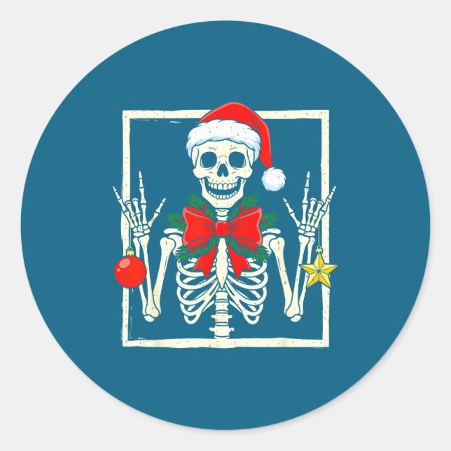 Sticker Rond Cool Rocker Skeleton Santa Hat Christmas Punk Rock (Devant)