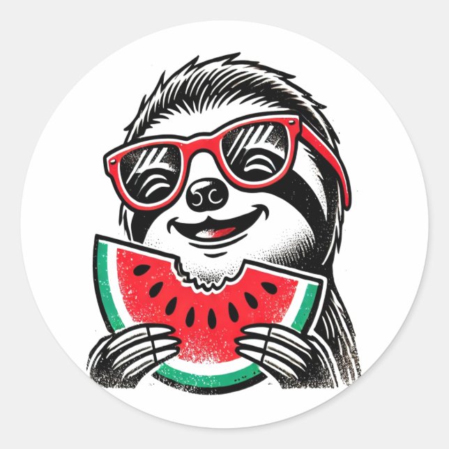 Sticker Rond Cool Sloth Manger de la pastèque (Devant)
