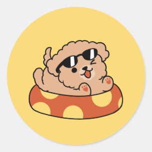 Sticker Rond Cool Summer Chien Flottant - Jolie Puppy Pool Part