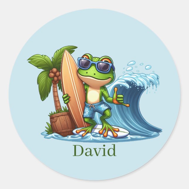 Sticker Rond Cool surfeur grenouille ajouter nom (Devant)
