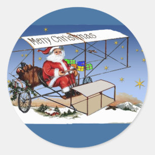 Sticker Rond Cool Vintage Biplane Père Noël