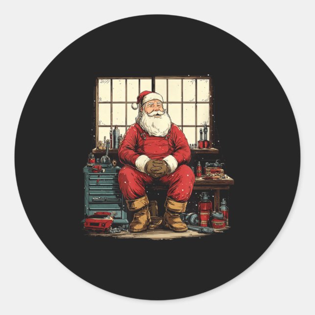 Sticker Rond Cool Workshop Santa Claus With Wrenches Tool Costu (Devant)