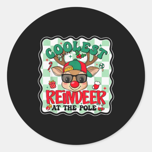 Sticker Rond Coolest Reindeer At The Le Funny Christmas Matchin (Devant)