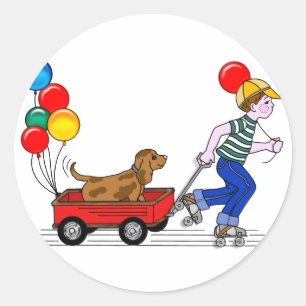 Sticker Rond Copie de garçon, chien, Wagon et Ballons