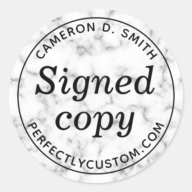 Sticker Rond Copie signée en marbre blanc look auteur nom site (Devant)