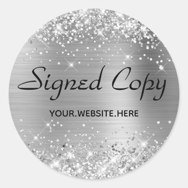 Sticker Rond Copie signée Faux Argent de Glittery Faux avec URL (Devant)