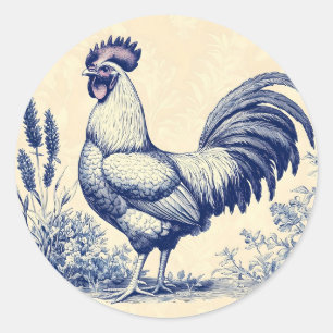 Sticker Rond Coq bleu vintage dans un jardin fleuri