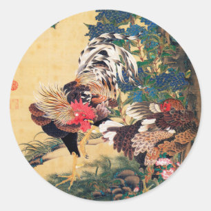 Sticker Rond Coq et Hen avec Hydrangeas par Ito Jakuchu
