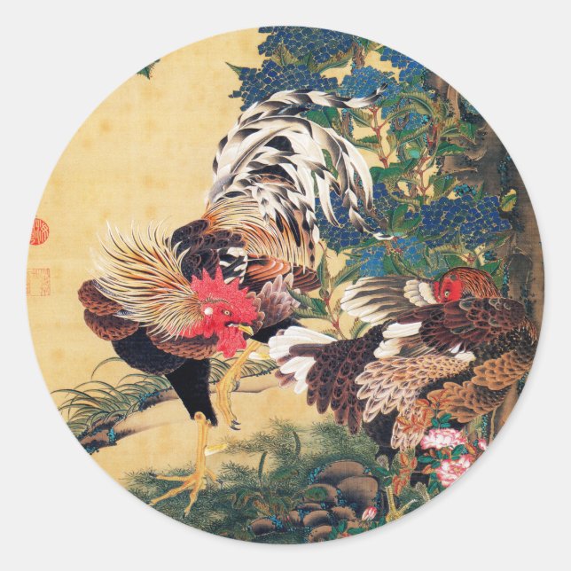 Sticker Rond Coq et Hen avec Hydrangeas par Ito Jakuchu (Devant)