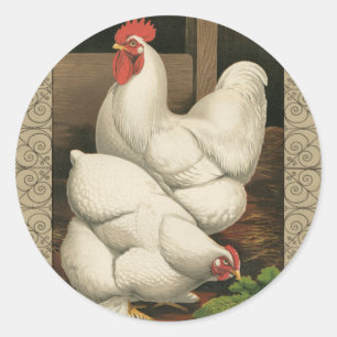 Sticker Rond Coq & Hen à l'extérieur Hen House avec frontière b