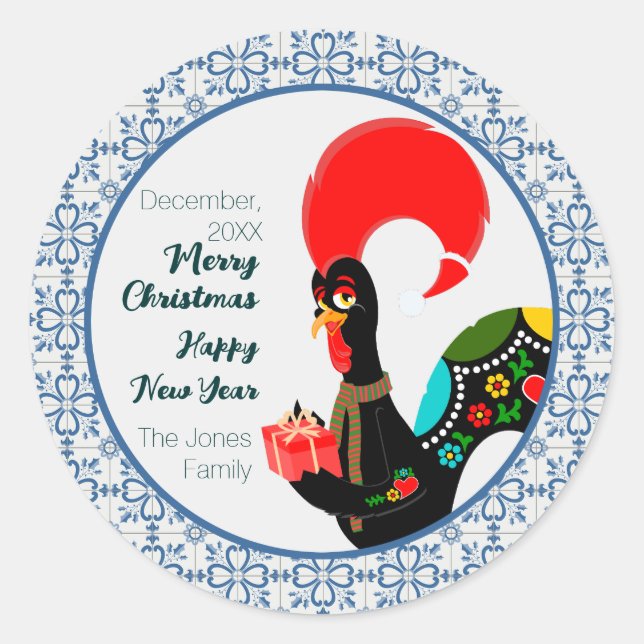 Sticker Rond Coq portugais de Noël et cadre de carreaux bleus (Devant)