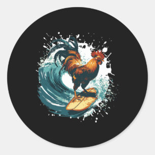 Sticker Rond Coq Surfant Animal Sport Surfeur