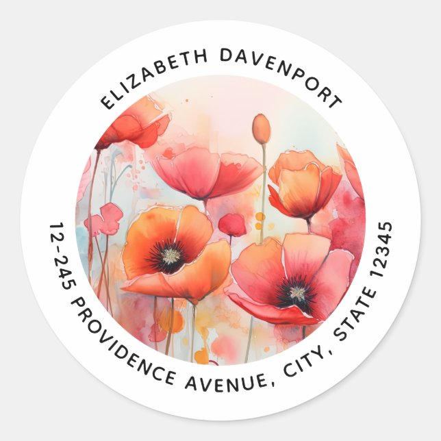Sticker Rond Coquelicots Aquarelle Rouge dans une Adresse de Ch (Devant)