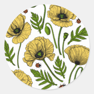 Sticker Rond Coquelicots jaunes et coccinelles