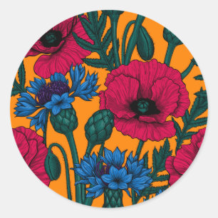 Sticker Rond Coquelicots rouges et fleurs bleues sur orange