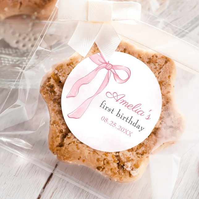 Sticker Rond Coquette Aquarelle rose mignonne Bow Anniversaire (Créateur téléchargé)