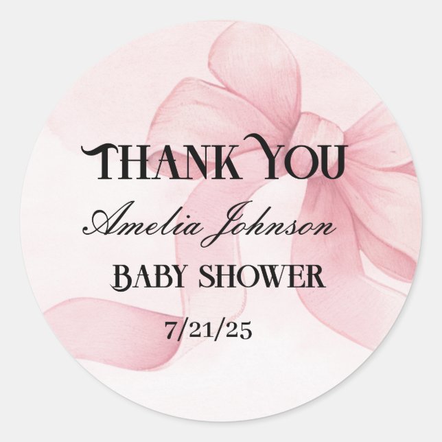 Sticker Rond Coquette au ruban rose pâle pour fille Baby shower (Devant)
