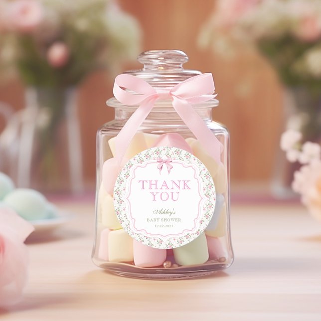 Sticker Rond Coquette Bow fille rose Baby shower Merci (Créateur téléchargé)