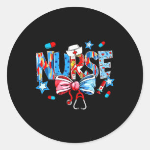 Sticker Rond Coquette Bow Stethoscope Infirmière 4 juillet Infi