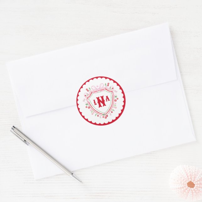 Sticker Rond Coquette Cherry Monogram Crest Enterrement de Vie  (Enveloppe)