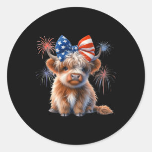 Sticker Rond Coquette Patriotique Highland Cow 4 Juillet Agricu