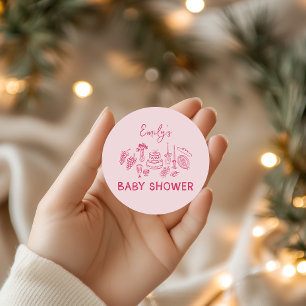 Sticker Rond Coquette rose baby shower à main moderne