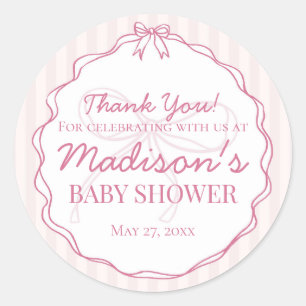 Sticker Rond Coquette Rose Bow Pastel Baby shower rayé Favorise