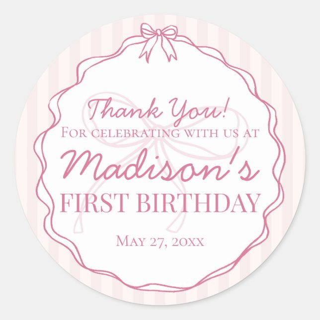 Sticker Rond Coquette Rose Bow Pastel rayé Anniversaire Favoris (Devant)
