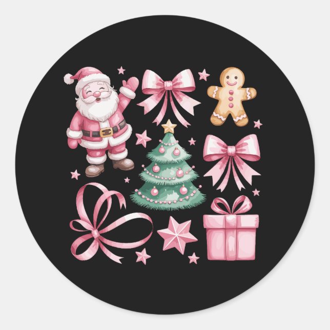 Sticker Rond Coquette rose mignonne Bow Père Noël Noël Arbre No (Devant)