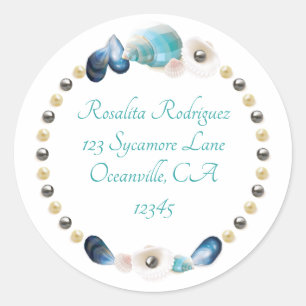 Sticker Rond Coquillages et perles turquoises et bleus Adresse 