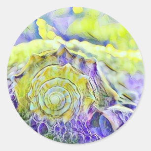 Sticker Rond Coquille de mer jaune violet dans l'aquarelle de m