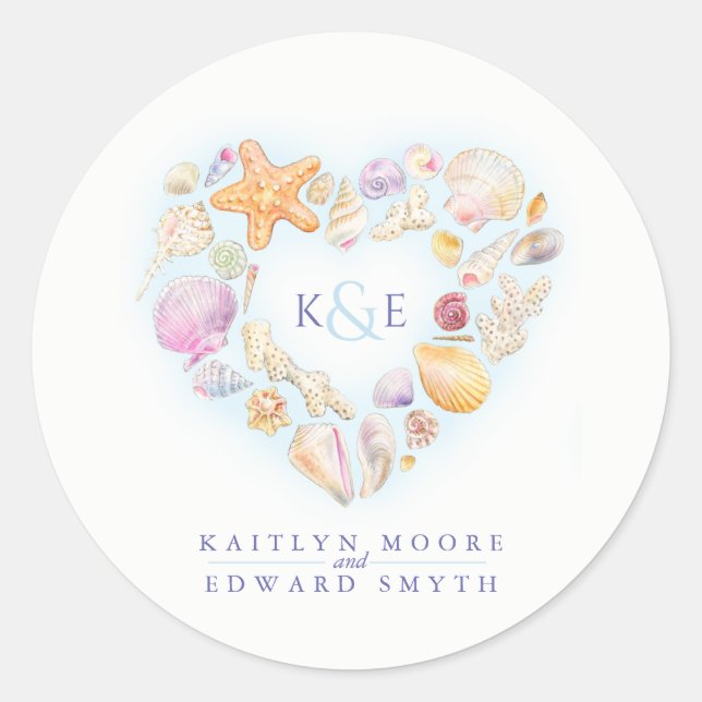 Sticker Rond Coquilles de mer aquarelle coeur plage bleu (Devant)