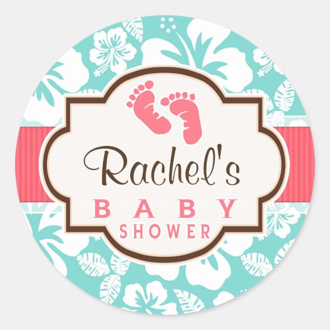 Sticker Rond Corail, Baby shower tropical Aqua (Devant)