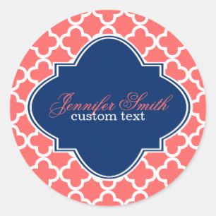 Sticker Rond Corail et blanc Quatrefoil Motif géométrique